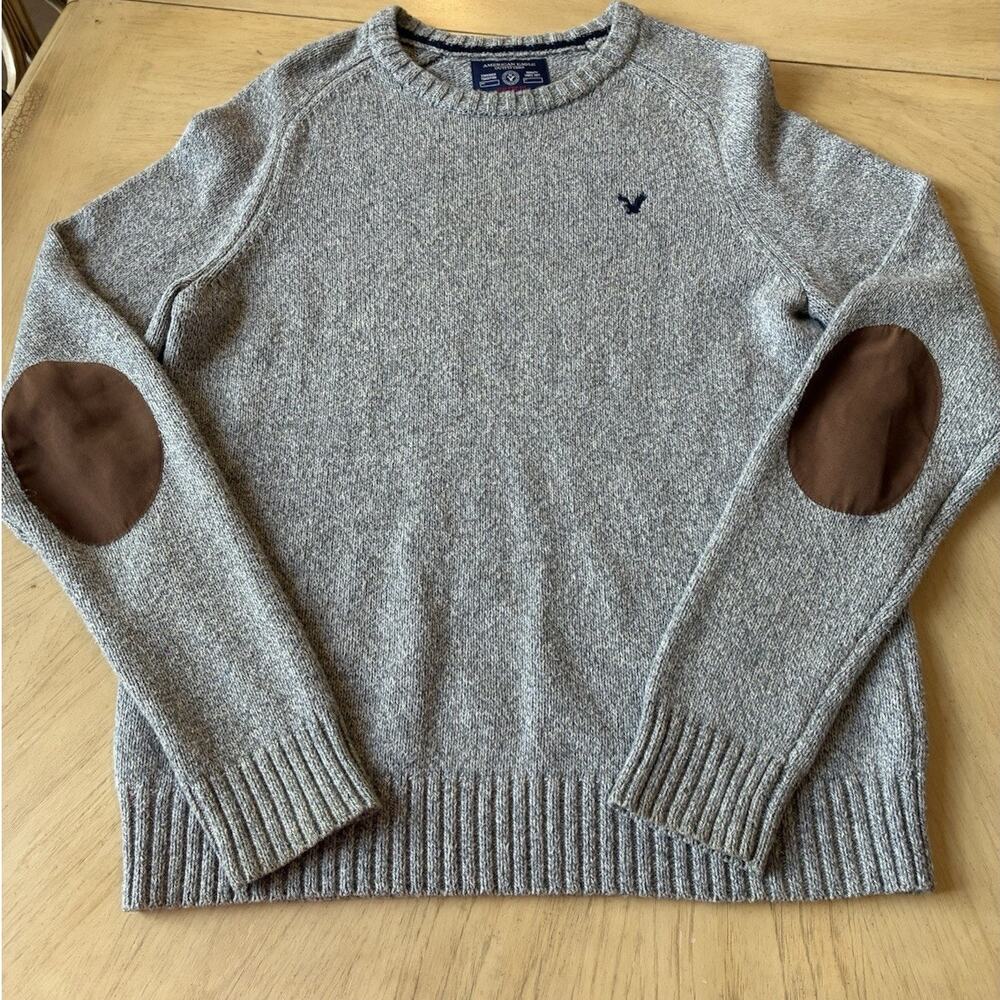 VTG American Eagle Men M Gray Sweater Brown Elbow Patches Sporty Preppy Y2K Logo